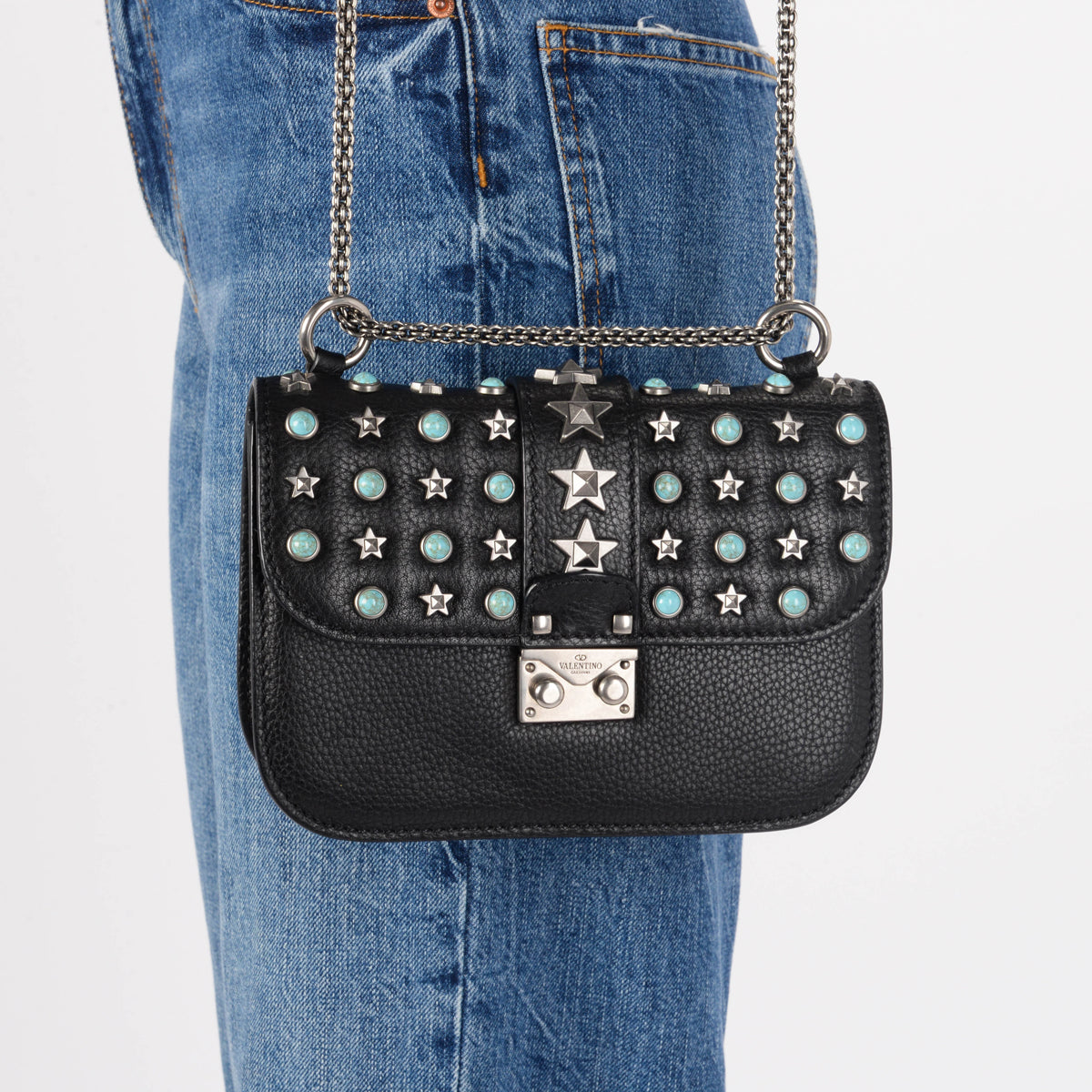 Valentino Black Star Studded Lock Flap Shoulder Bag