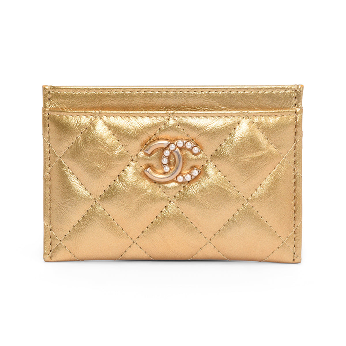 Chanel Gold Quilted Lambskin Pearl CC Card Holder