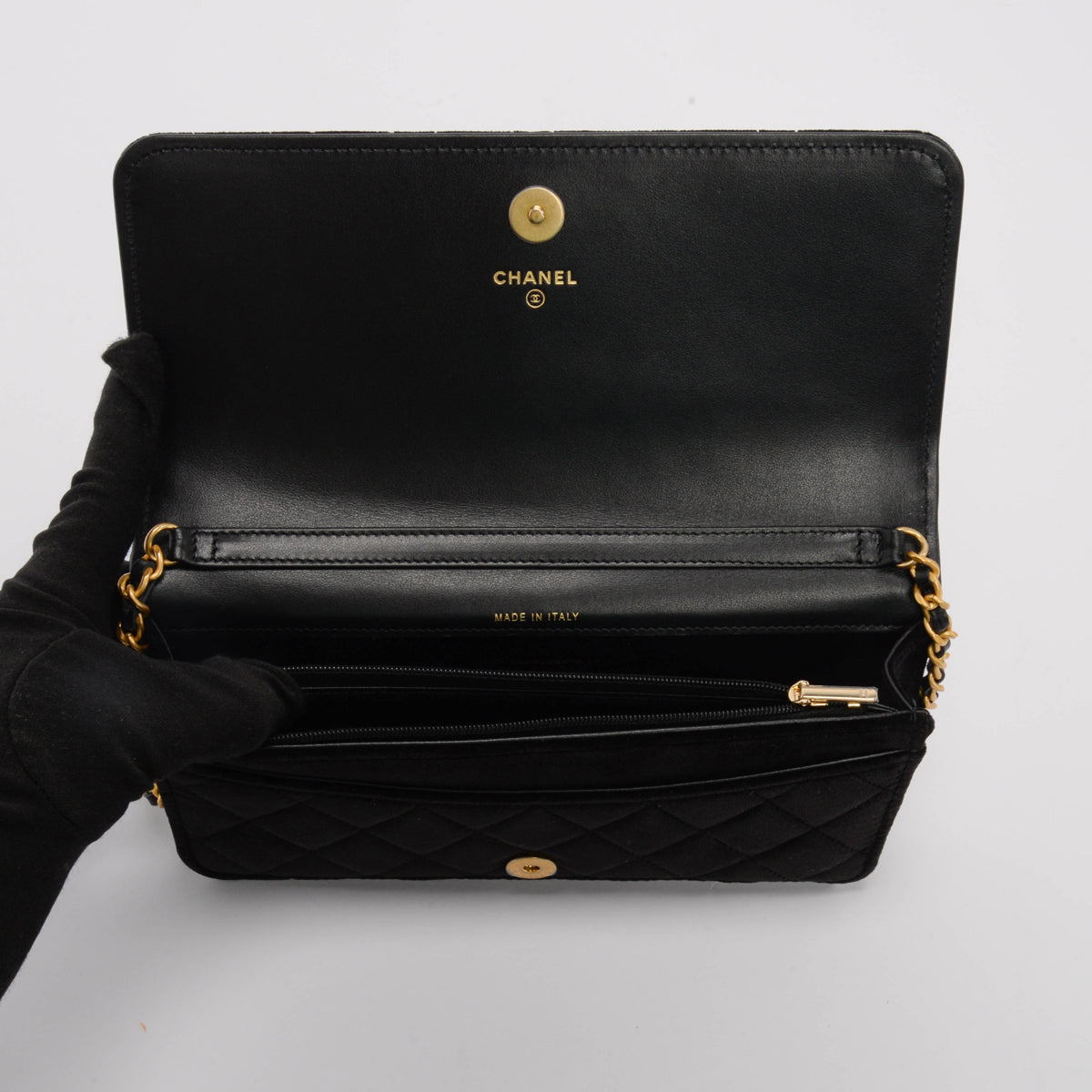 Chanel Black Velvet CC Clutch With Chain