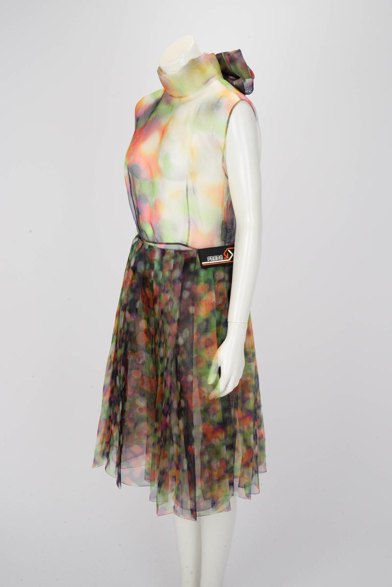 Prada Multi Colour Organza Pleated Dress IT 44