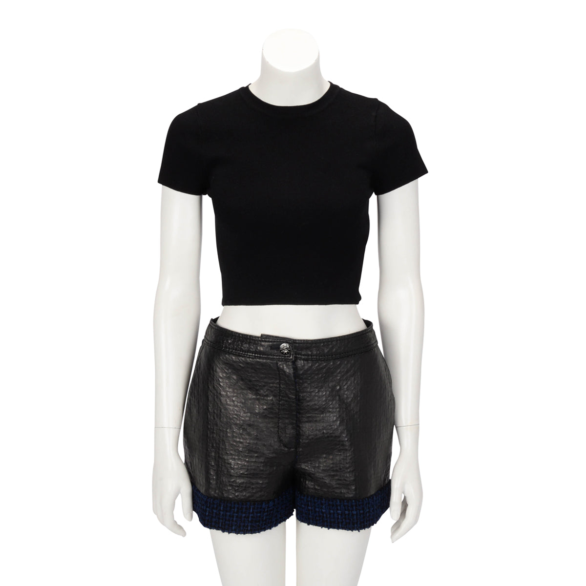 Chanel Black & Blue Leather Embossed Tweed Shorts FR 38