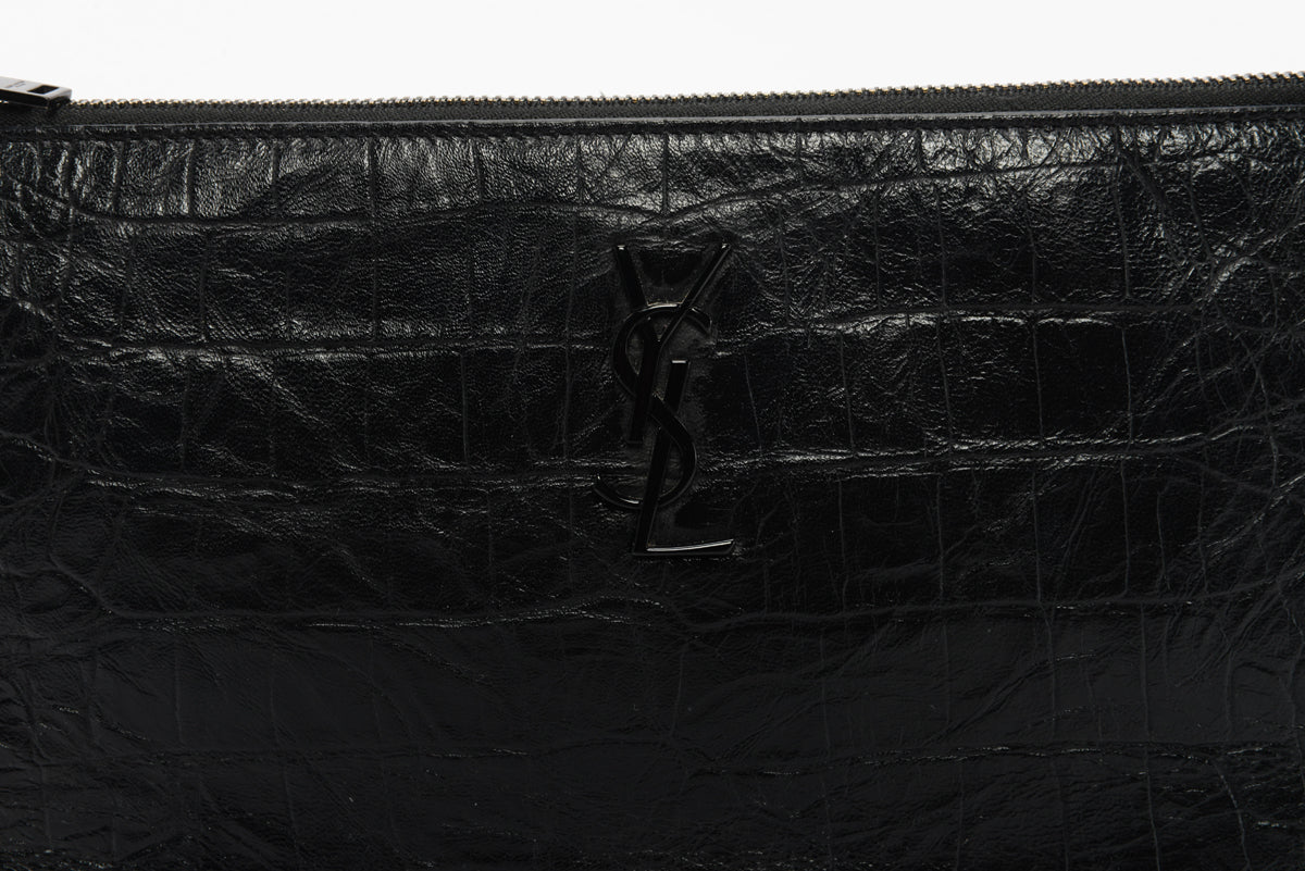 Saint Laurent Black Croc Embossed Cassandre Tablet Pouch