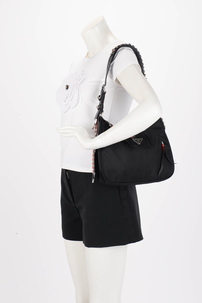 Prada Black Nylon Studded New Vela Hobo Bag