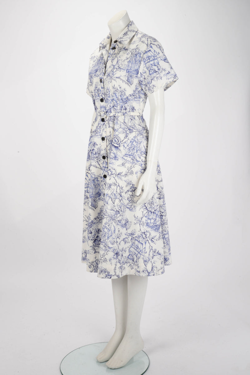 Dior Toile De Jouy Cotton & Silk Pleated Midi Shirt Dress FR 40