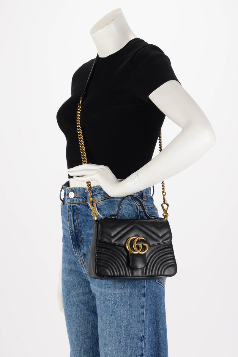 Gucci Black Matelasse GG Marmont Mini Top Handle Bag