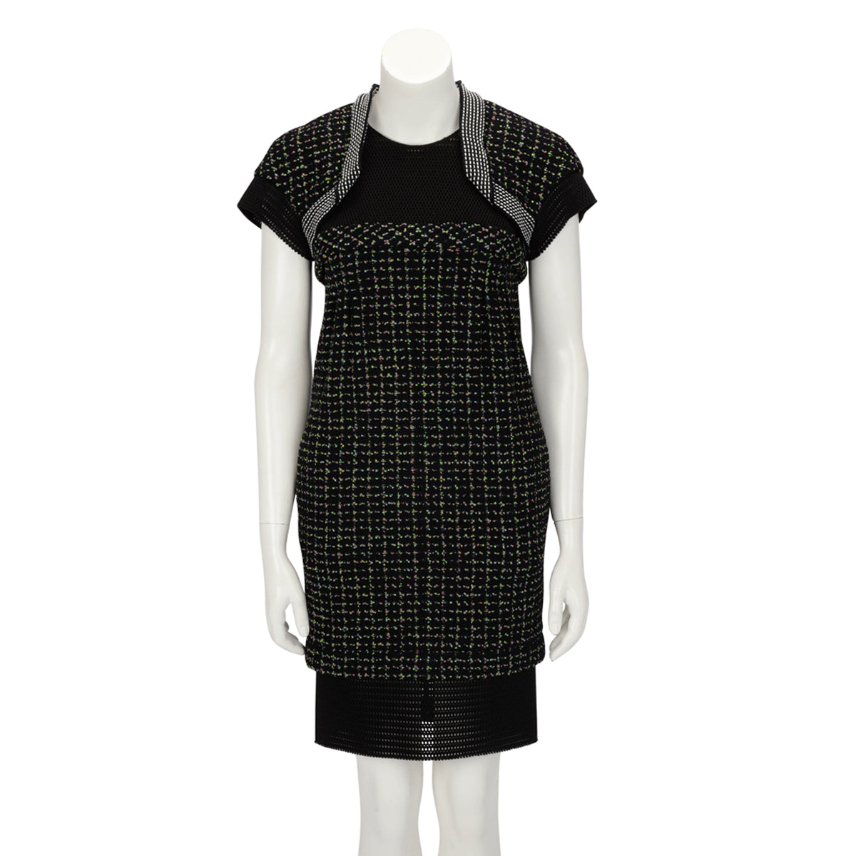 Chanel Black Tweed & Mesh Short Sleeve Dress FR 34