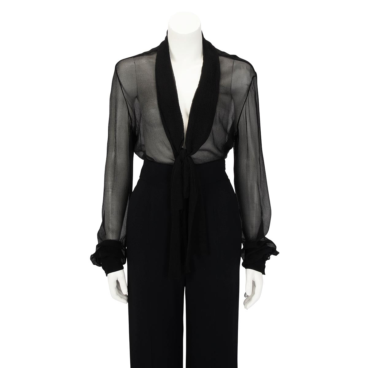 Balmain Black Silk Chiffon Pussy Bow Blouse FR 40