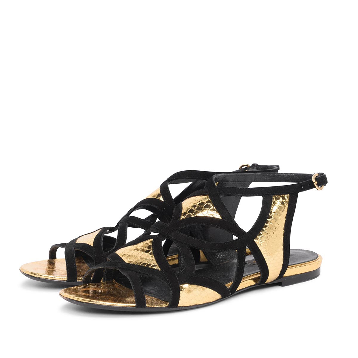 Louis Vuitton Gold & Black Snakeskin Strappy Sandals 37.5
