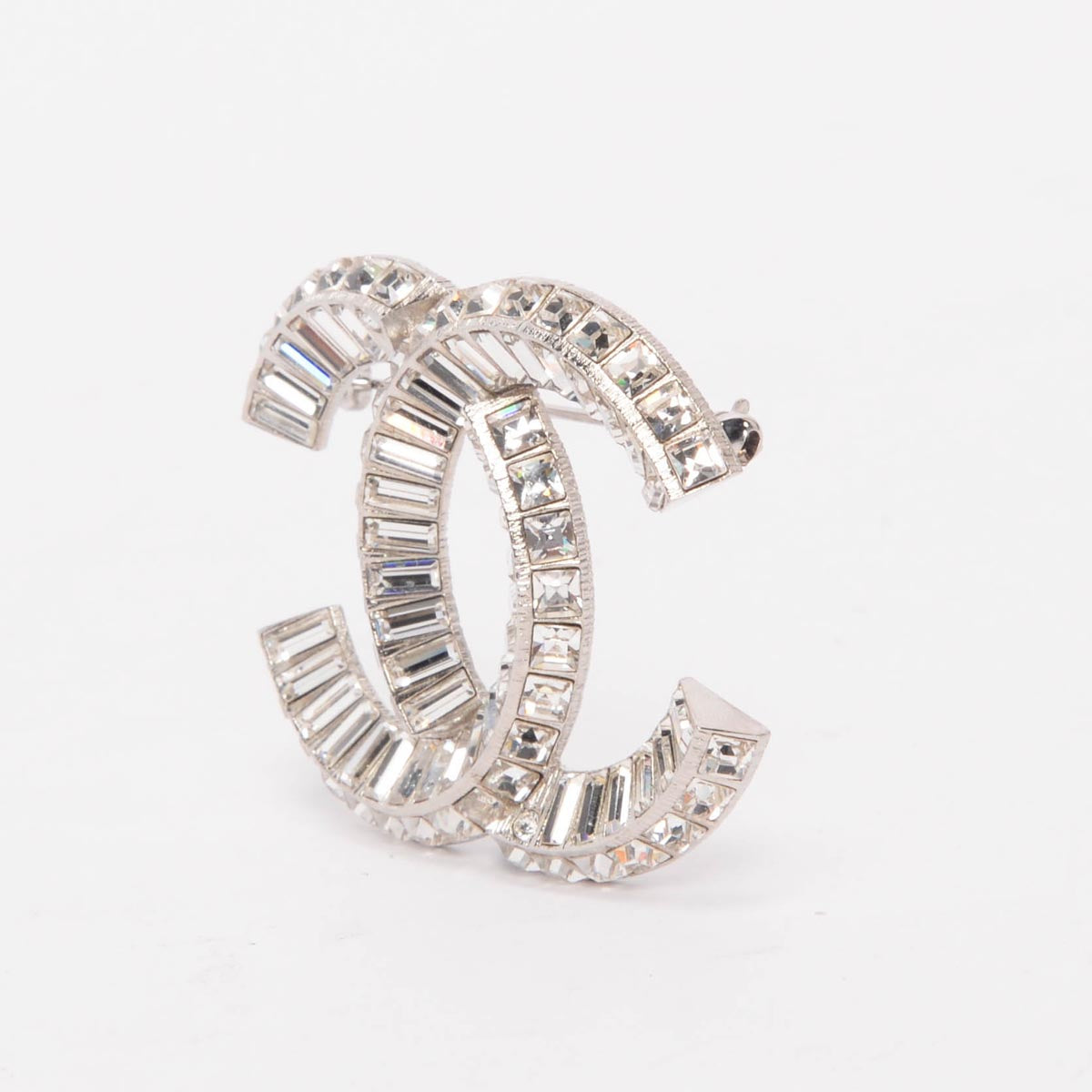 Chanel Silver Baguette Crystal CC Brooch