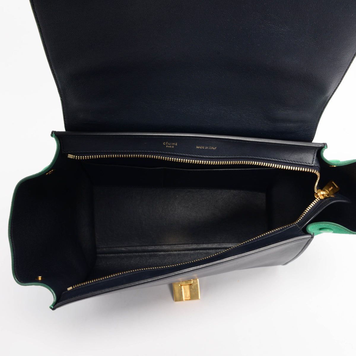 Celine Green & Navy Calf & Suede Small Trapeze Bag