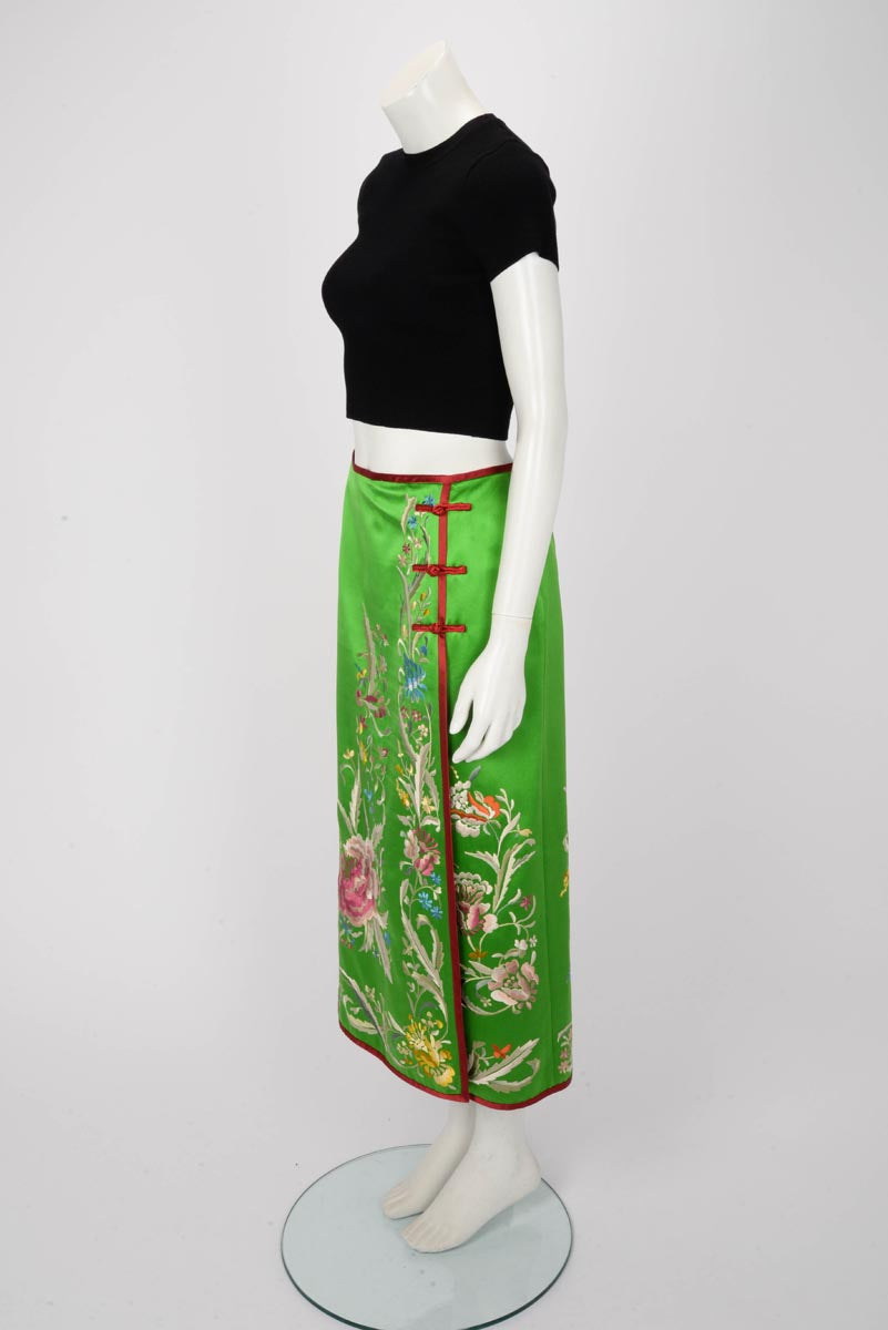 Gucci Green Silk Satin Floral Embroidered Skirt IT 44