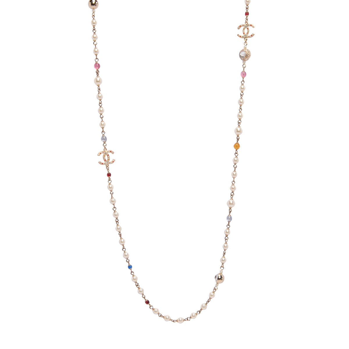 Chanel Multi Colour Crystal & Pearl Long CC Necklace