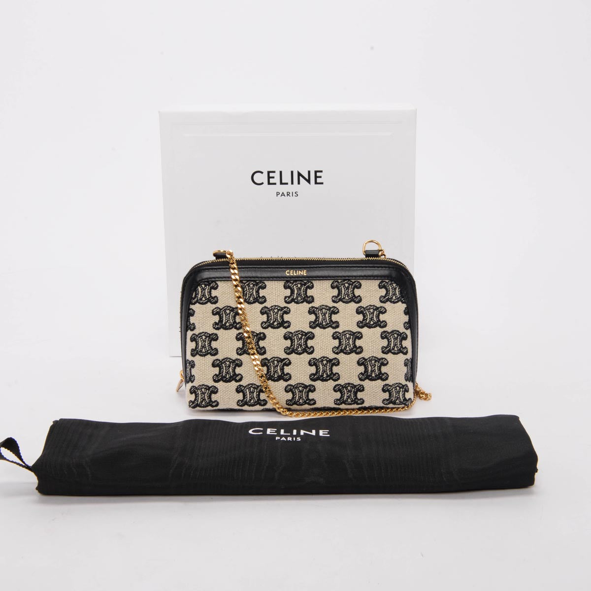 Celine Black Triomphe Canvas Chain Clutch