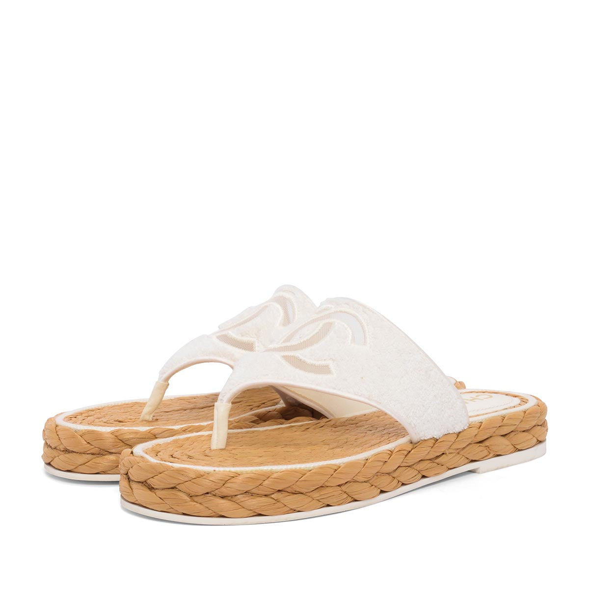 Chanel White Terry & Raffia CC Thong Sandals 38
