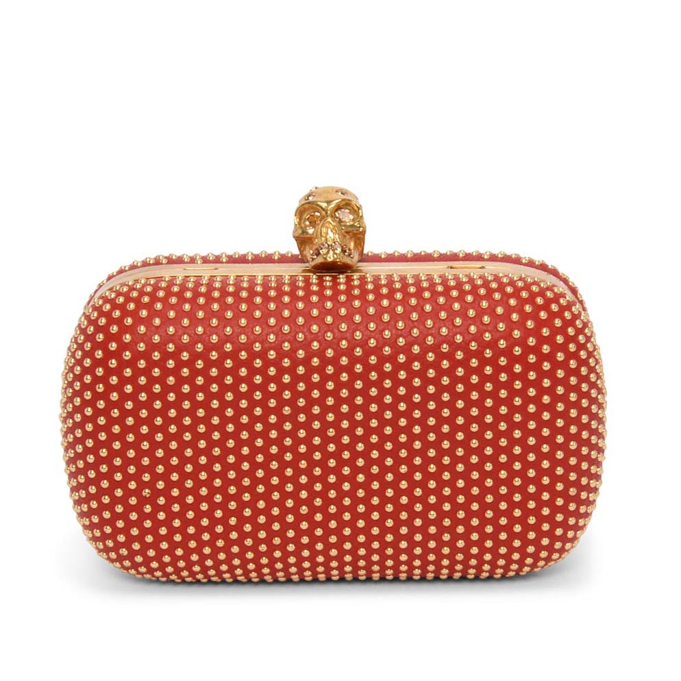 Alexander McQueen Red Studded Leather Skull Clutch + Chain