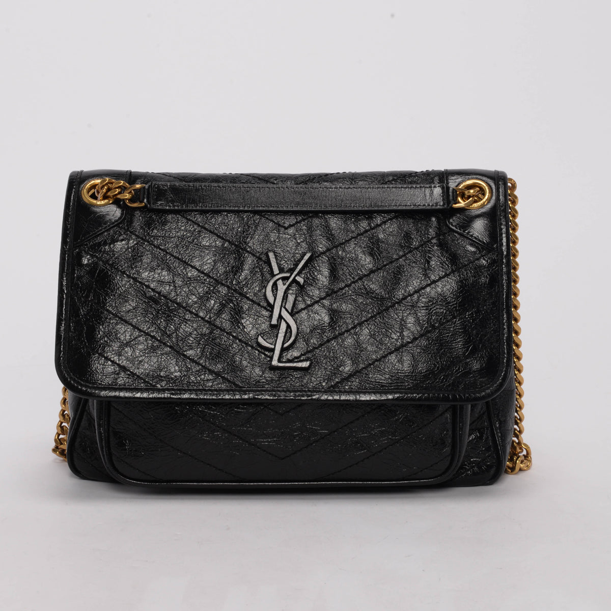 Saint Laurent Black Crinkled Calfskin Medium Niki Bag