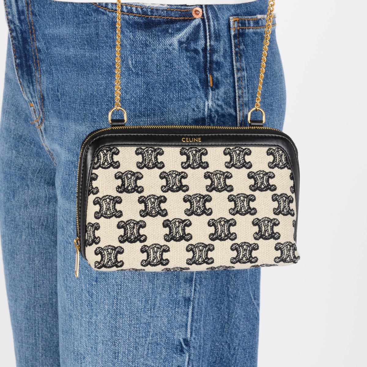 Celine Black Triomphe Canvas Chain Clutch