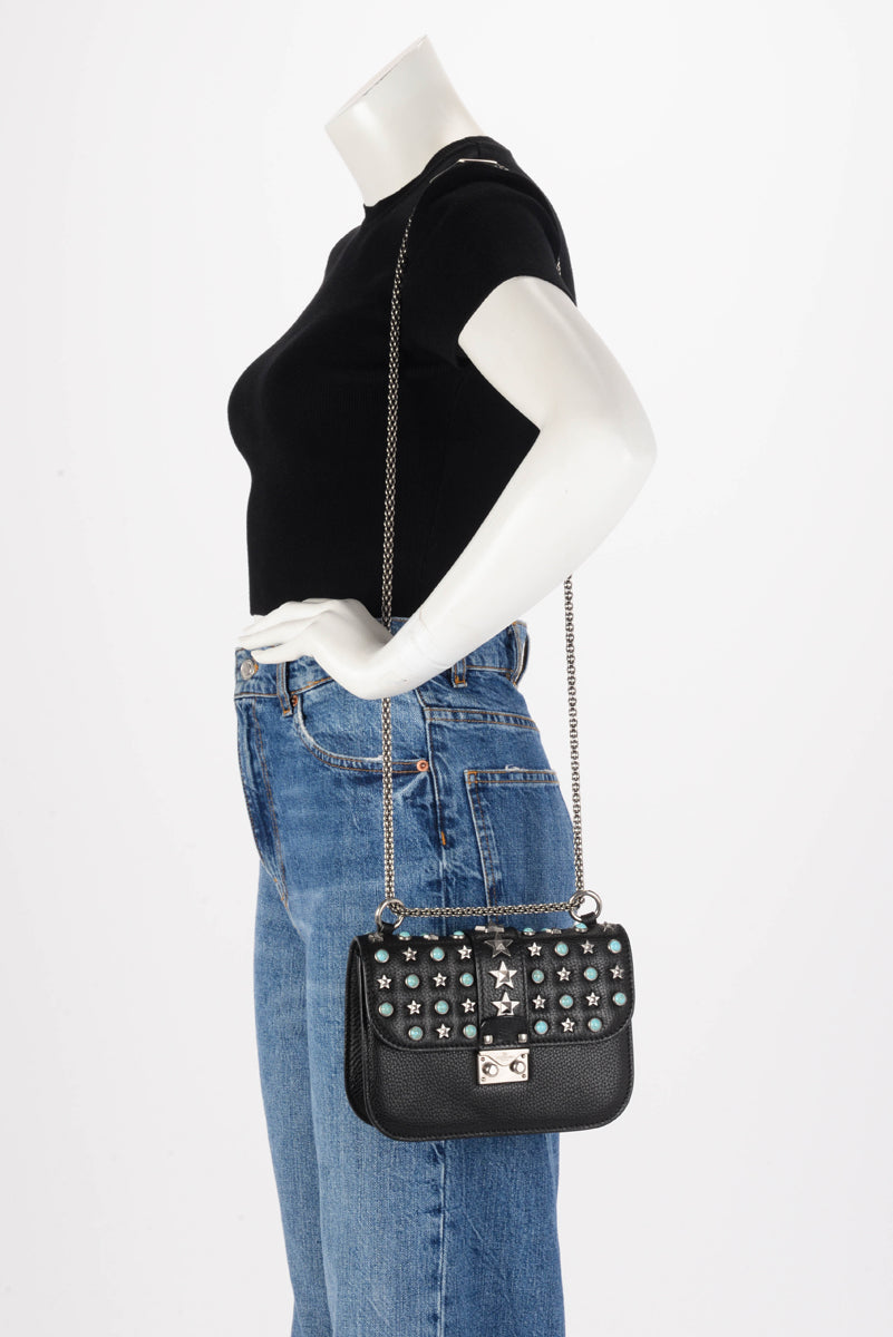 Valentino Black Star Studded Lock Flap Shoulder Bag