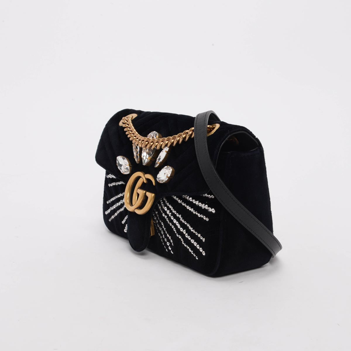 Gucci Black Velvet Matelasse Crystal GG Marmont Bag