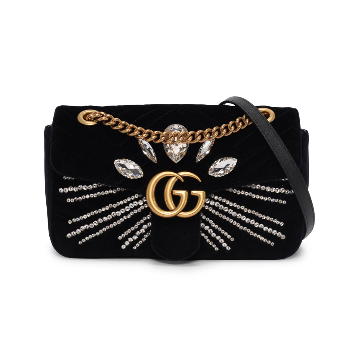 Gucci Black Velvet Matelasse Crystal GG Marmont Bag