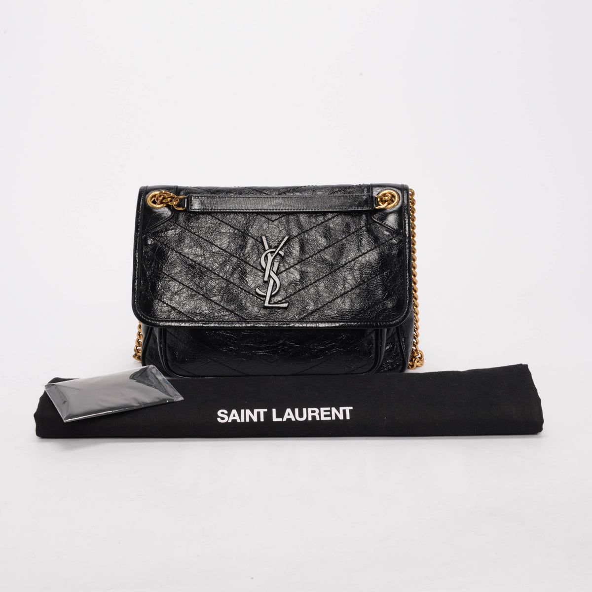 Saint Laurent Black Crinkled Calfskin Medium Niki Bag