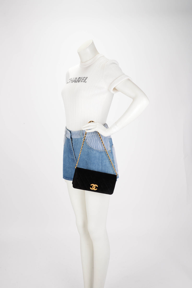 Chanel Black Velvet CC Clutch With Chain