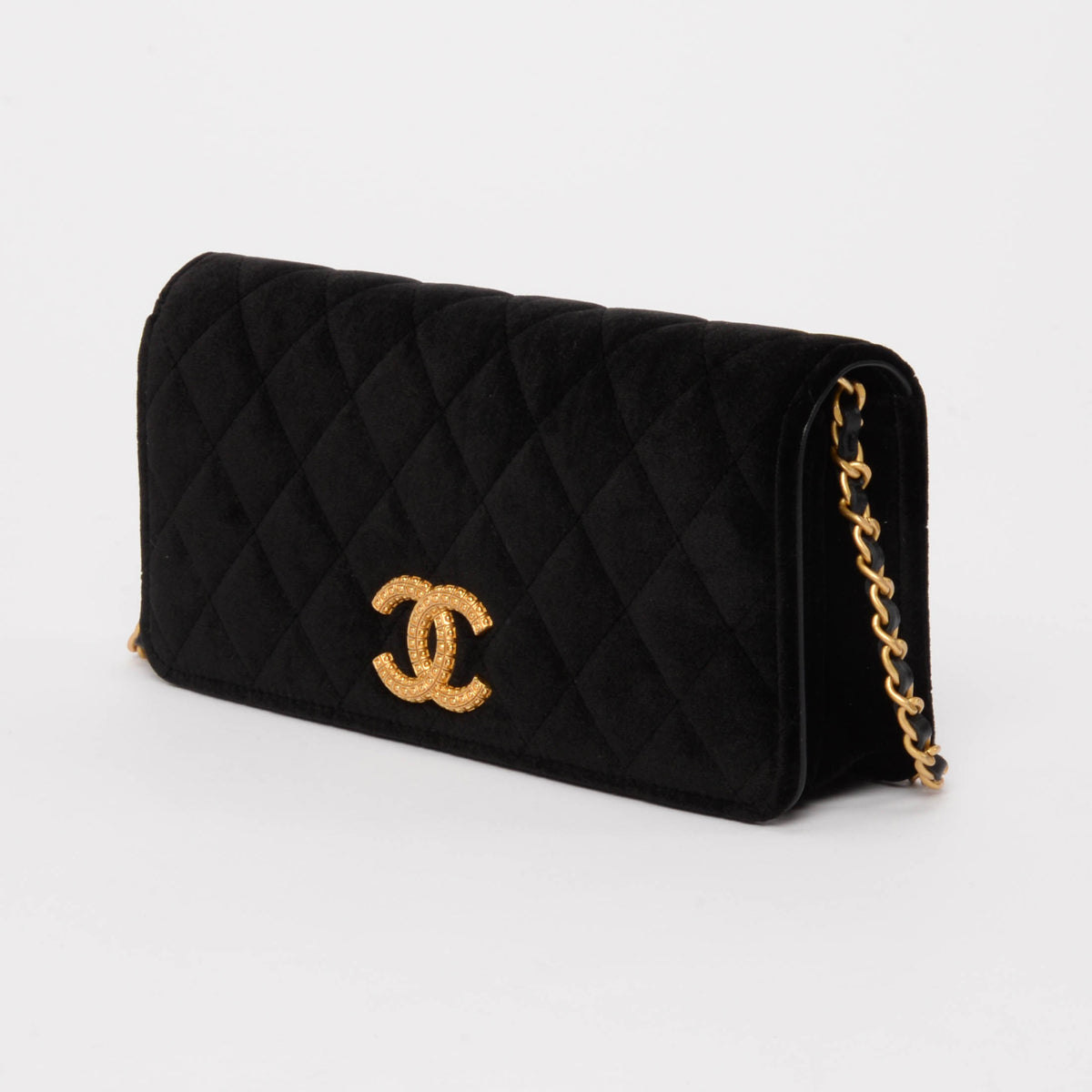 Chanel Black Velvet CC Clutch With Chain